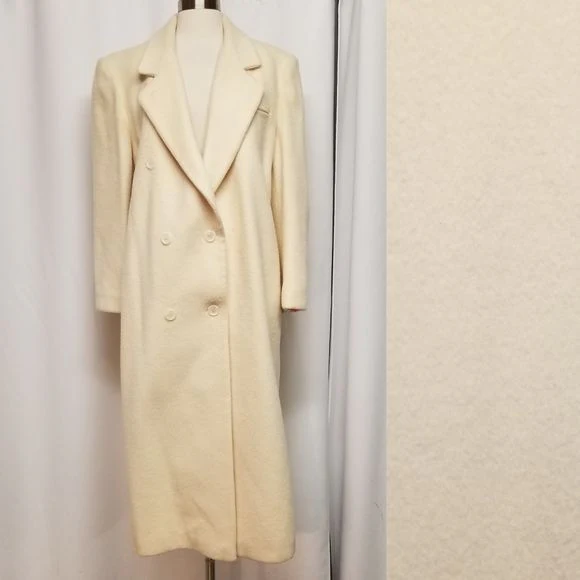 Vintage 80s Retro Cream Wool Blend Double Breasted Trench Coat Woman's Large by Michelle Stuart - Image 3