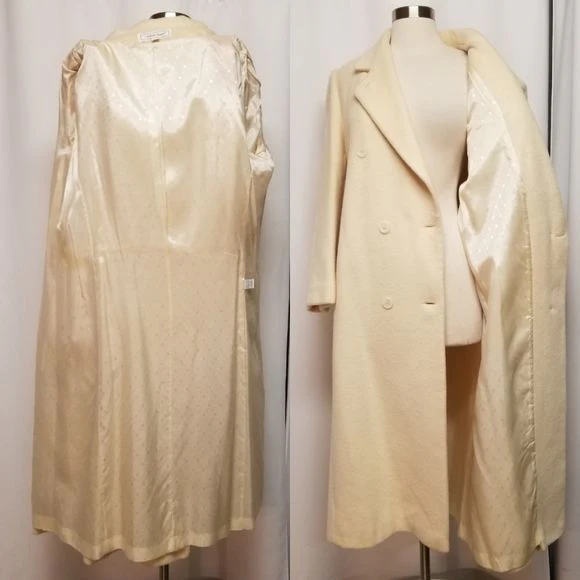 Vintage 80s Retro Cream Wool Blend Double Breasted Trench Coat Woman's Large by Michelle Stuart - Image 5