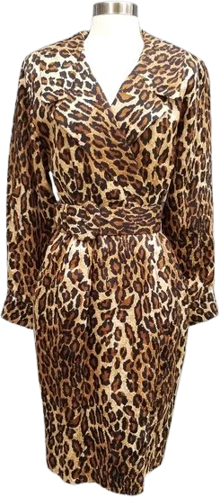 Vintage 80s Retro Pin Up Girl Animal Print Leopard Silk Midi Pencil Dress