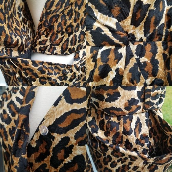 Vintage 80s Retro Pin Up Girl Animal Print Leopard Silk Midi Pencil Dress - Image 10