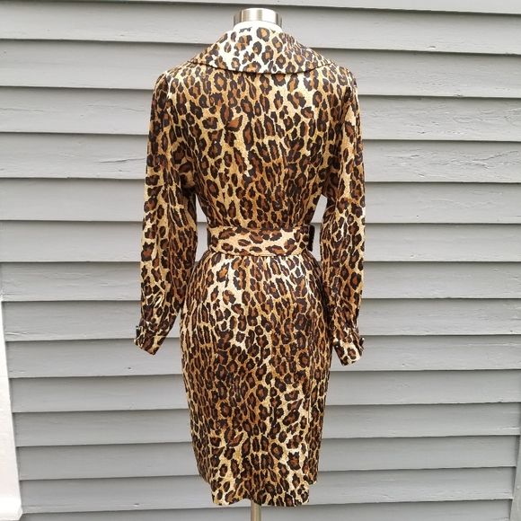 Vintage 80s Retro Pin Up Girl Animal Print Leopard Silk Midi Pencil Dress - Image 3