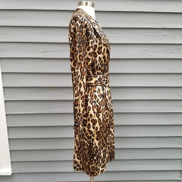 Vintage 80s Retro Pin Up Girl Animal Print Leopard Silk Midi Pencil Dress - Image 4