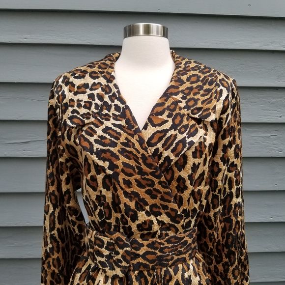 Vintage 80s Retro Pin Up Girl Animal Print Leopard Silk Midi Pencil Dress - Image 8