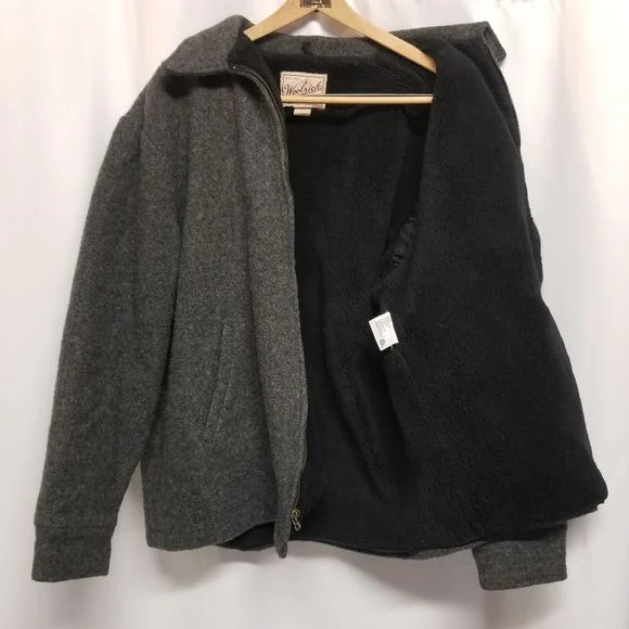 Vintage 80s Retro Woolrich Gray Wool Blend Black Faux Fur Car Stadium Coat Lg by Woolrich - Image 5