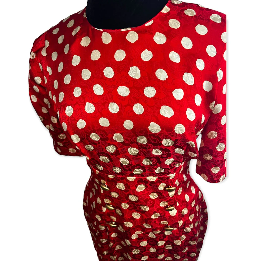 Vintage 80s Rockabilly Polka Dots Red Pinup Dress Silk Medium by Adrianna Papell - Image 3