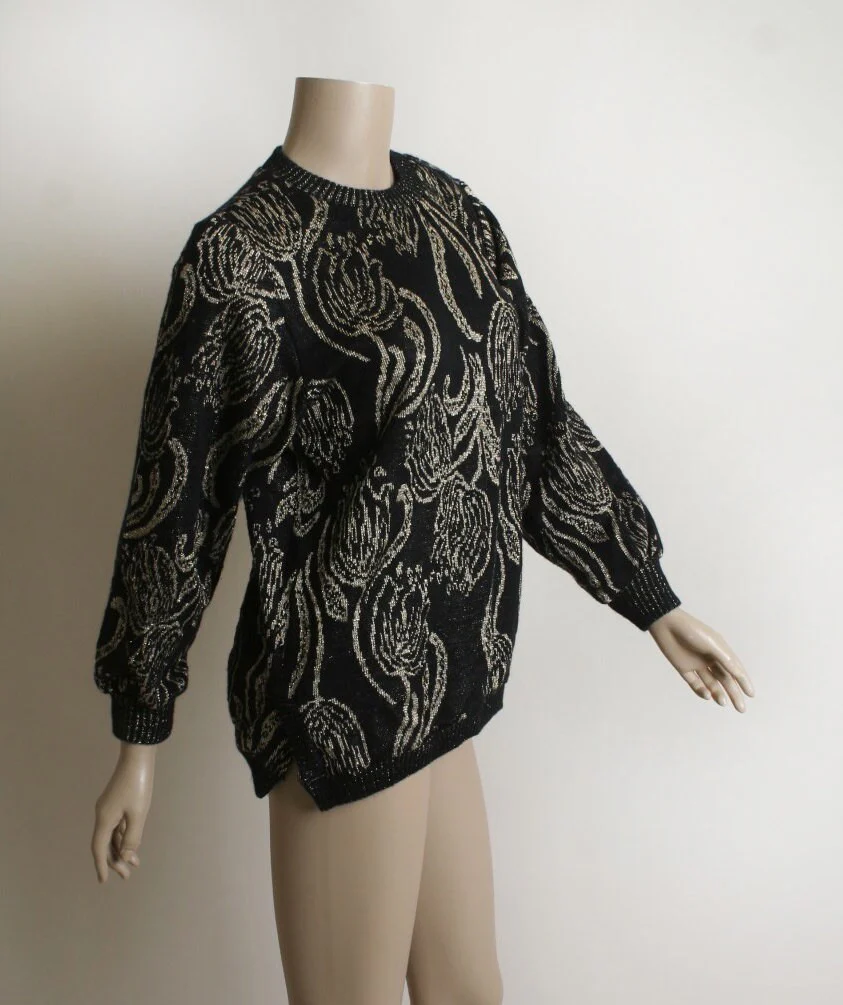 Vintage 80s Rose Sweater Golden Metallic and Black Floral Print Knit Sweater Jumper Medium by Teddi - Image 3