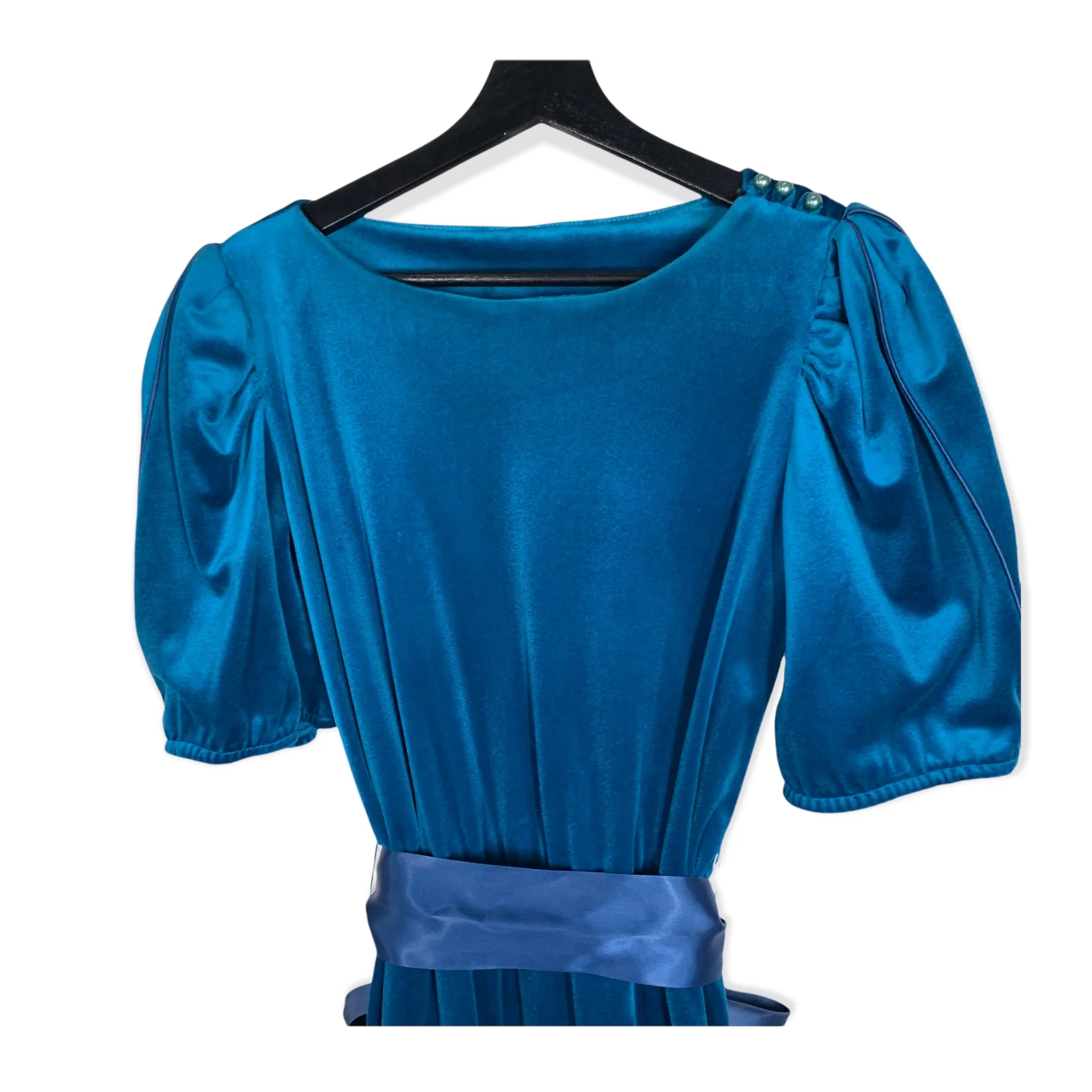 Vintage 80s Royal Blue Puff Sleeve Velvet Midi Dress by Lerner Shops - Image 3