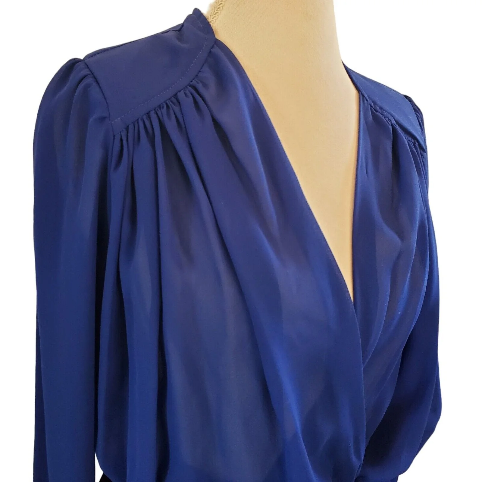 Vintage 80s Royal Blue Sheer Longsleeve Faux Wrap Midi Dress Size Medium by Miss Oops - Image 3
