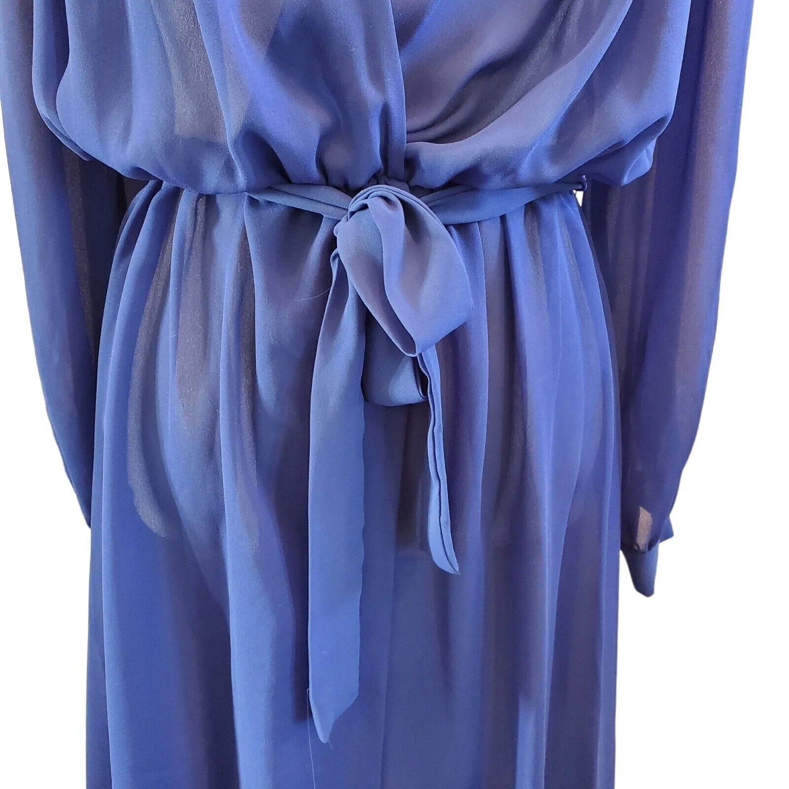 Vintage 80s Royal Blue Sheer Longsleeve Faux Wrap Midi Dress Size Medium by Miss Oops - Image 4