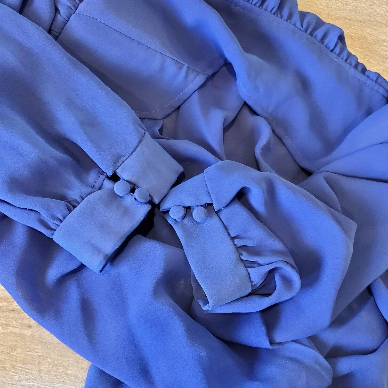 Vintage 80s Royal Blue Sheer Longsleeve Faux Wrap Midi Dress Size Medium by Miss Oops - Image 5