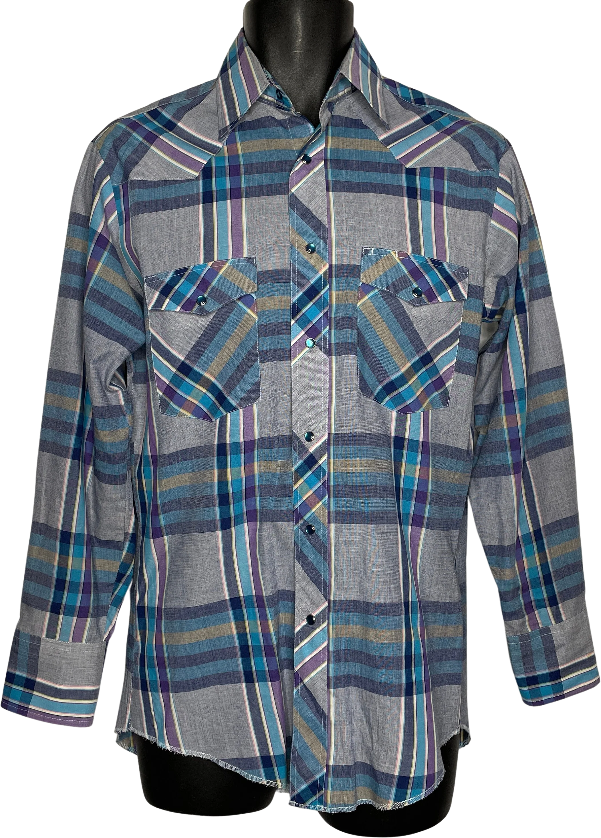 Vintage 80s Rustler Gray Blue Plaid Pearl Snap Western Shirt X-Long Tails by Rustler