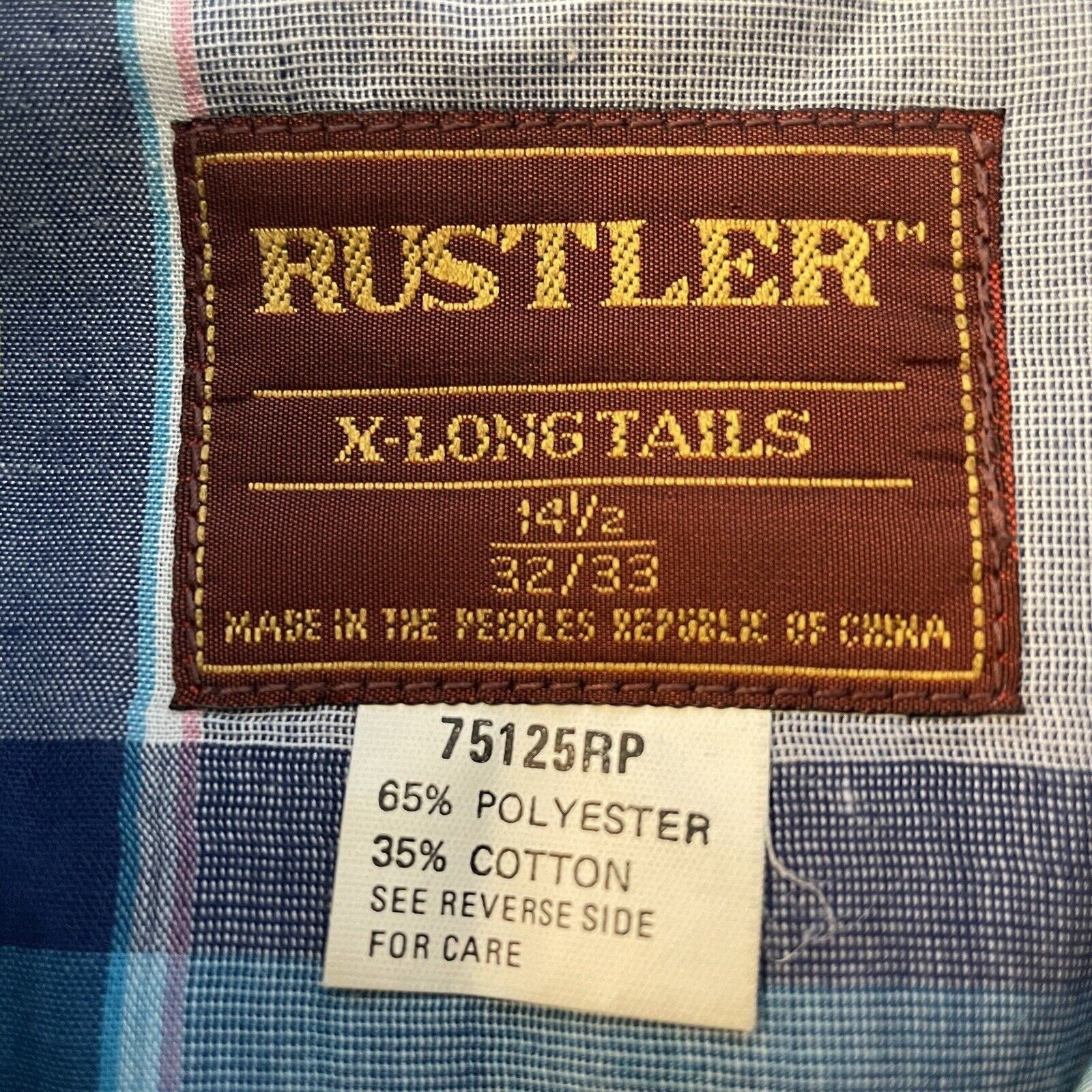 Vintage 80s Rustler Gray Blue Plaid Pearl Snap Western Shirt X-Long Tails by Rustler - Image 8