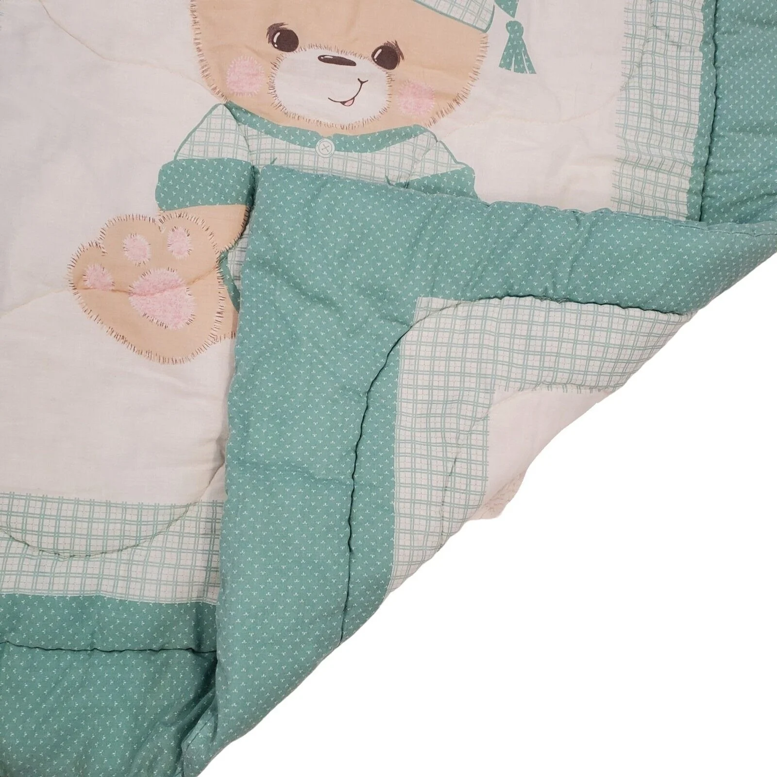 Vintage 80s Sage Green Teddy Bear Baby Crib Comforter Blanket Double Sided - Image 3