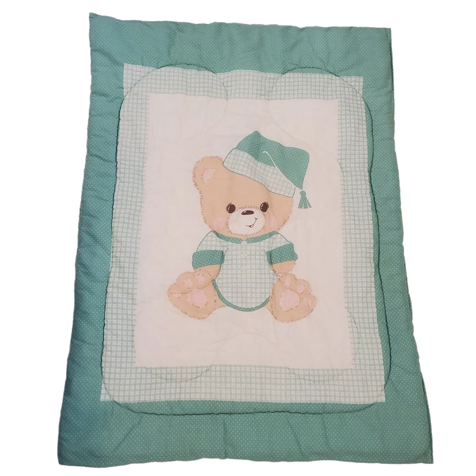 Vintage 80s Sage Green Teddy Bear Baby Crib Comforter Blanket Double Sided - Image 4