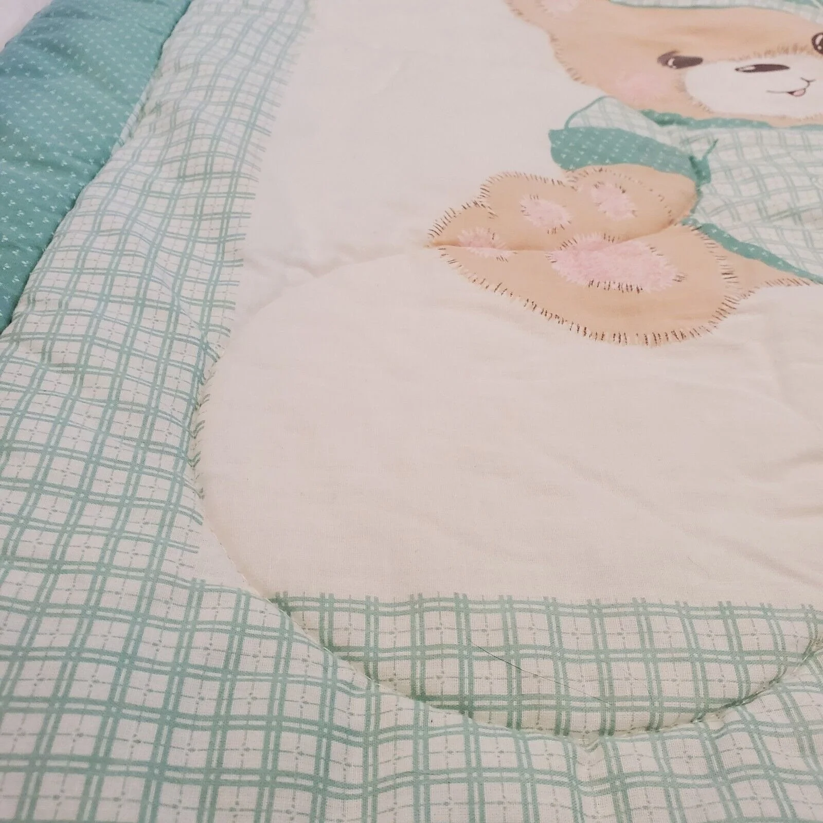 Vintage 80s Sage Green Teddy Bear Baby Crib Comforter Blanket Double Sided - Image 6