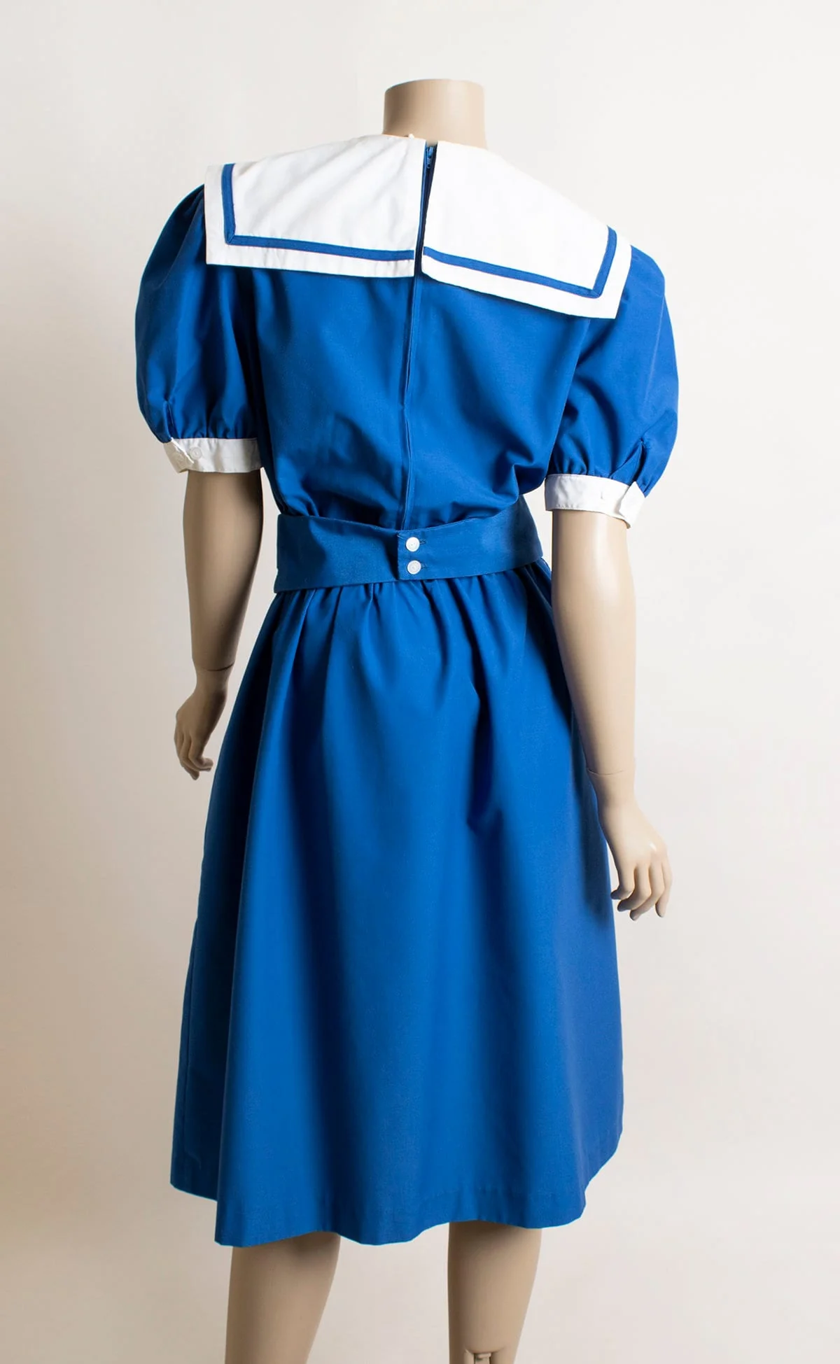 Vintage 80s Sailor Dress - Royal Blue and White Nautical Sailor Flap Collar Puff Sleeves Dolly Dress - Anime Lolita - Medium - Image 5