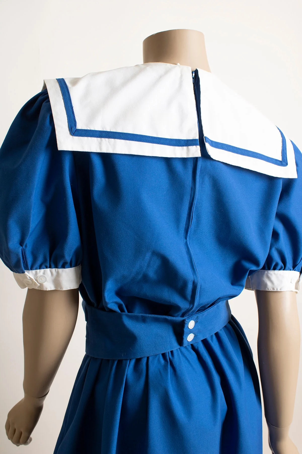 Vintage 80s Sailor Dress - Royal Blue and White Nautical Sailor Flap Collar Puff Sleeves Dolly Dress - Anime Lolita - Medium - Image 6