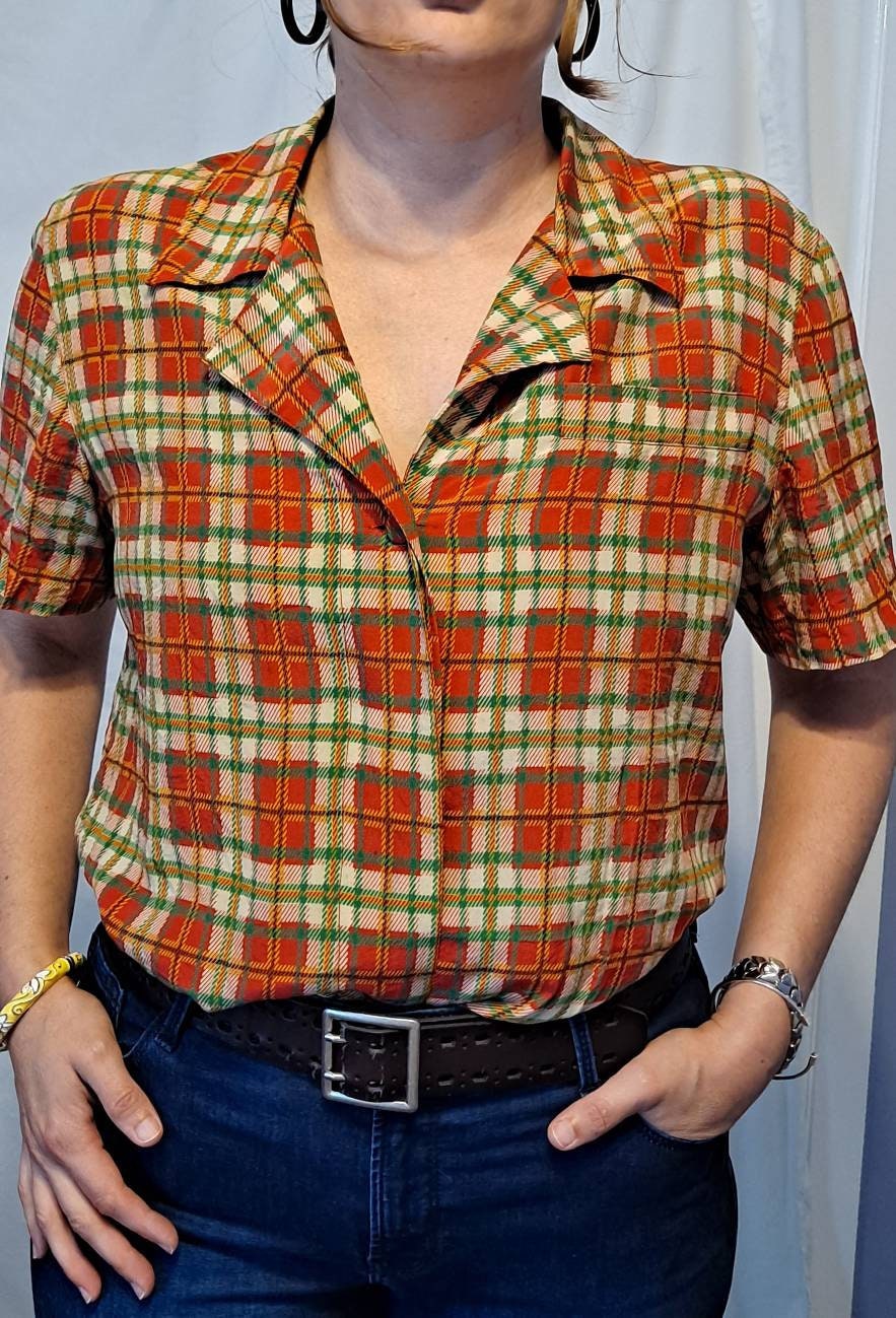 80s Vintage Bright Plaid Silk Blouse By Sandra Roth - Image 5