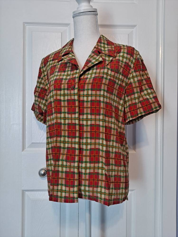 80s Vintage Bright Plaid Silk Blouse By Sandra Roth - Image 8