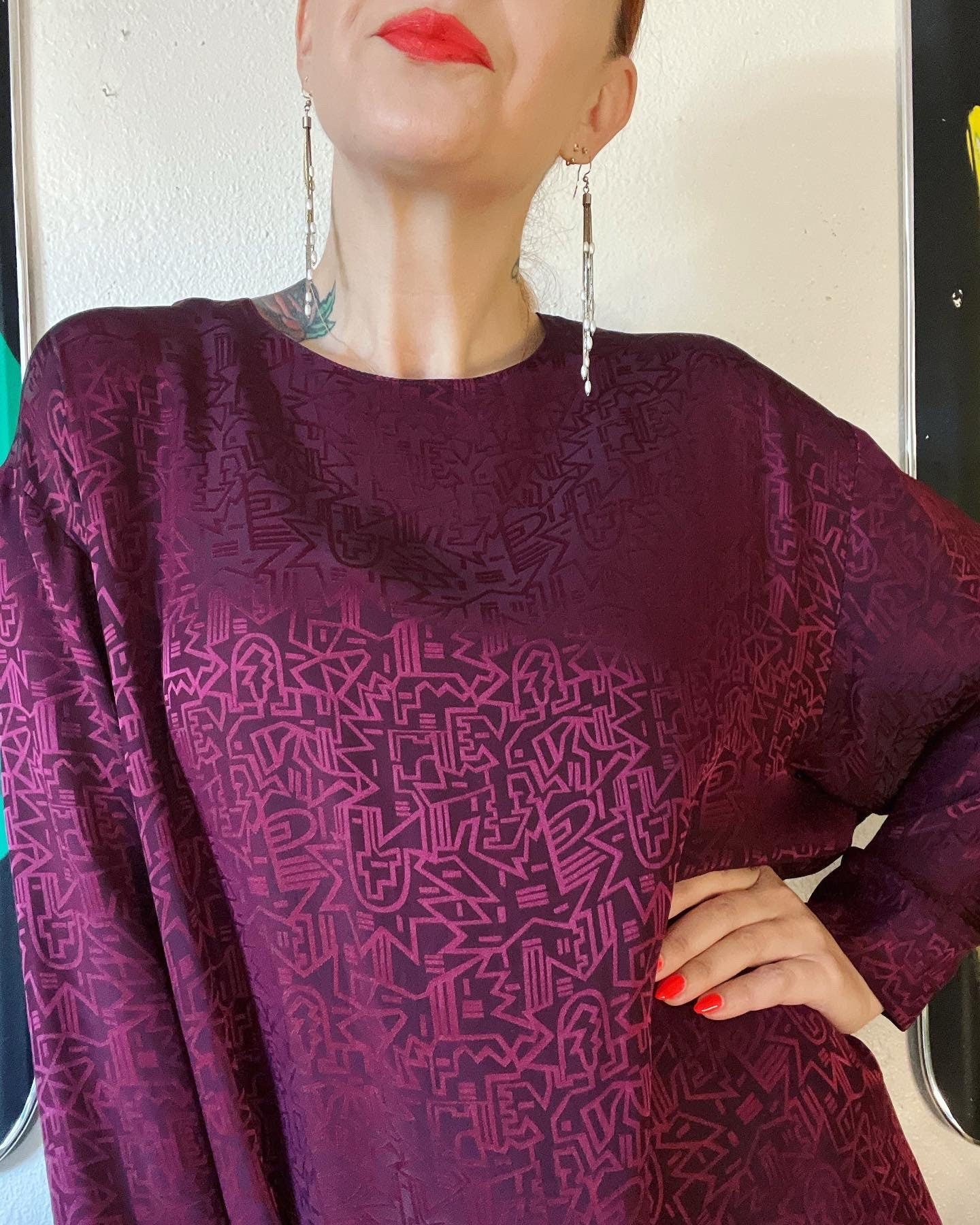 Vintage 80s Sangria Silk Graphic Embossed Caftan Dress by Lili Butler by Lili Butler - Image 4