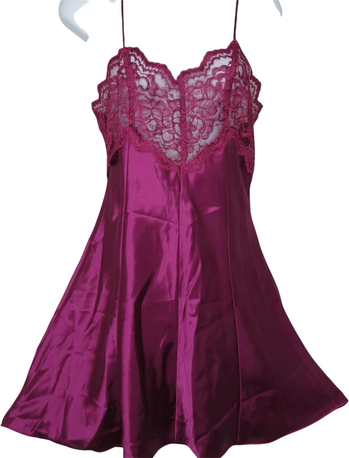 Vintage 80s Satin Slip Nightgown M Mulberry Purple Lace Knee Length Low Back by Inner Most