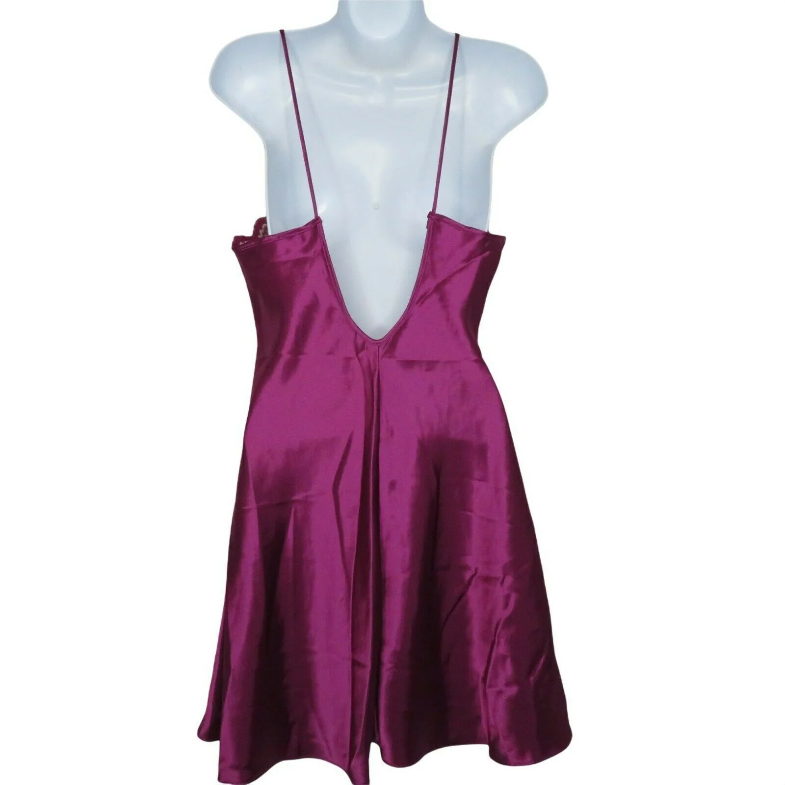 Vintage 80s Satin Slip Nightgown M Mulberry Purple Lace Knee Length Low Back by Inner Most - Image 2