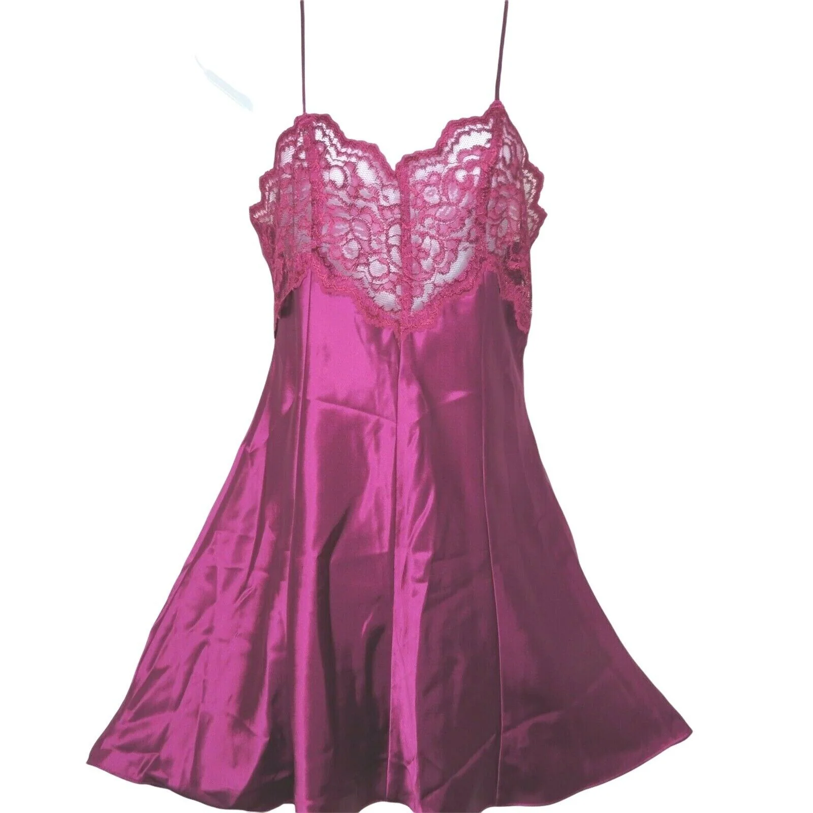 Vintage 80s Satin Slip Nightgown M Mulberry Purple Lace Knee Length Low Back by Inner Most - Image 3