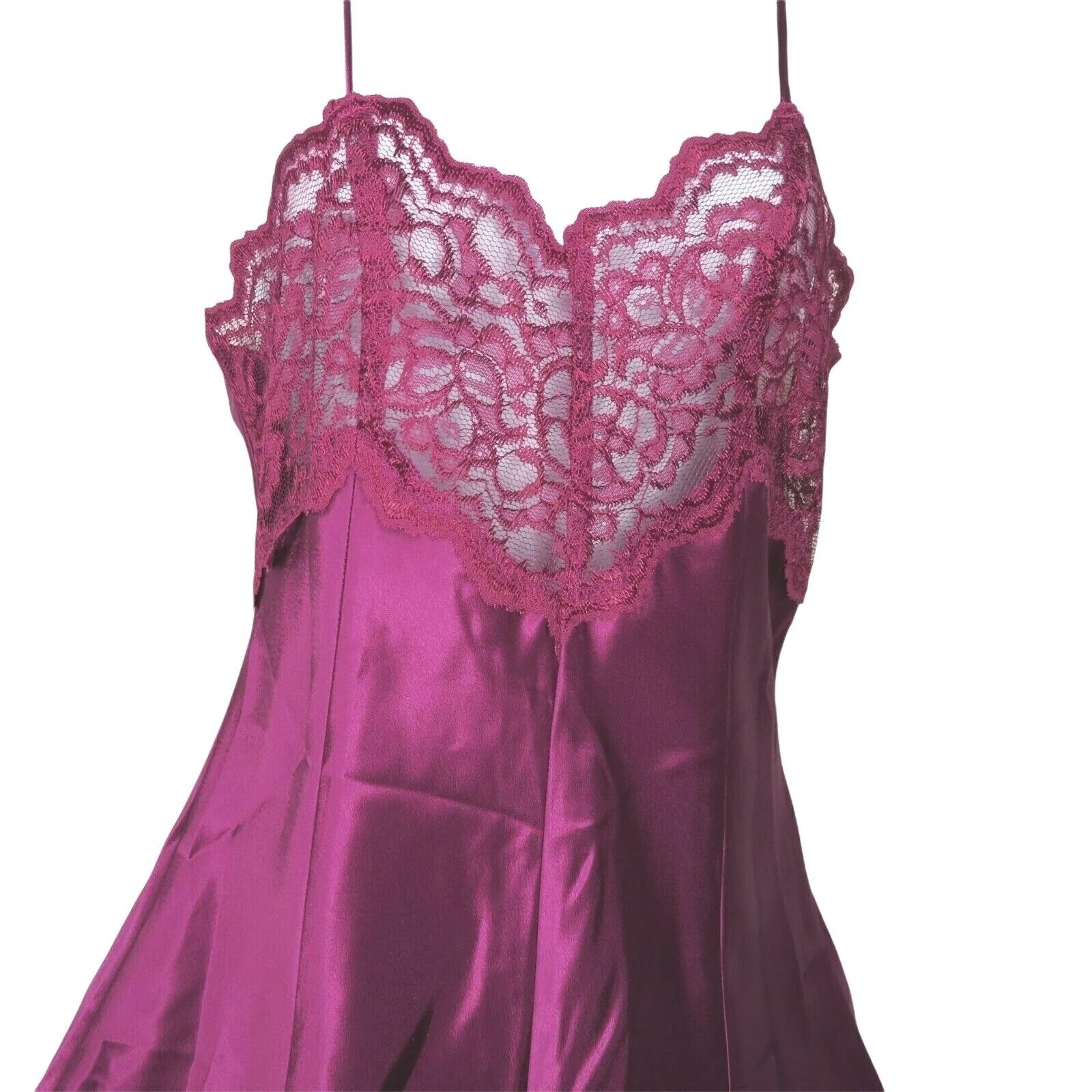 Vintage 80s Satin Slip Nightgown M Mulberry Purple Lace Knee Length Low Back by Inner Most - Image 4