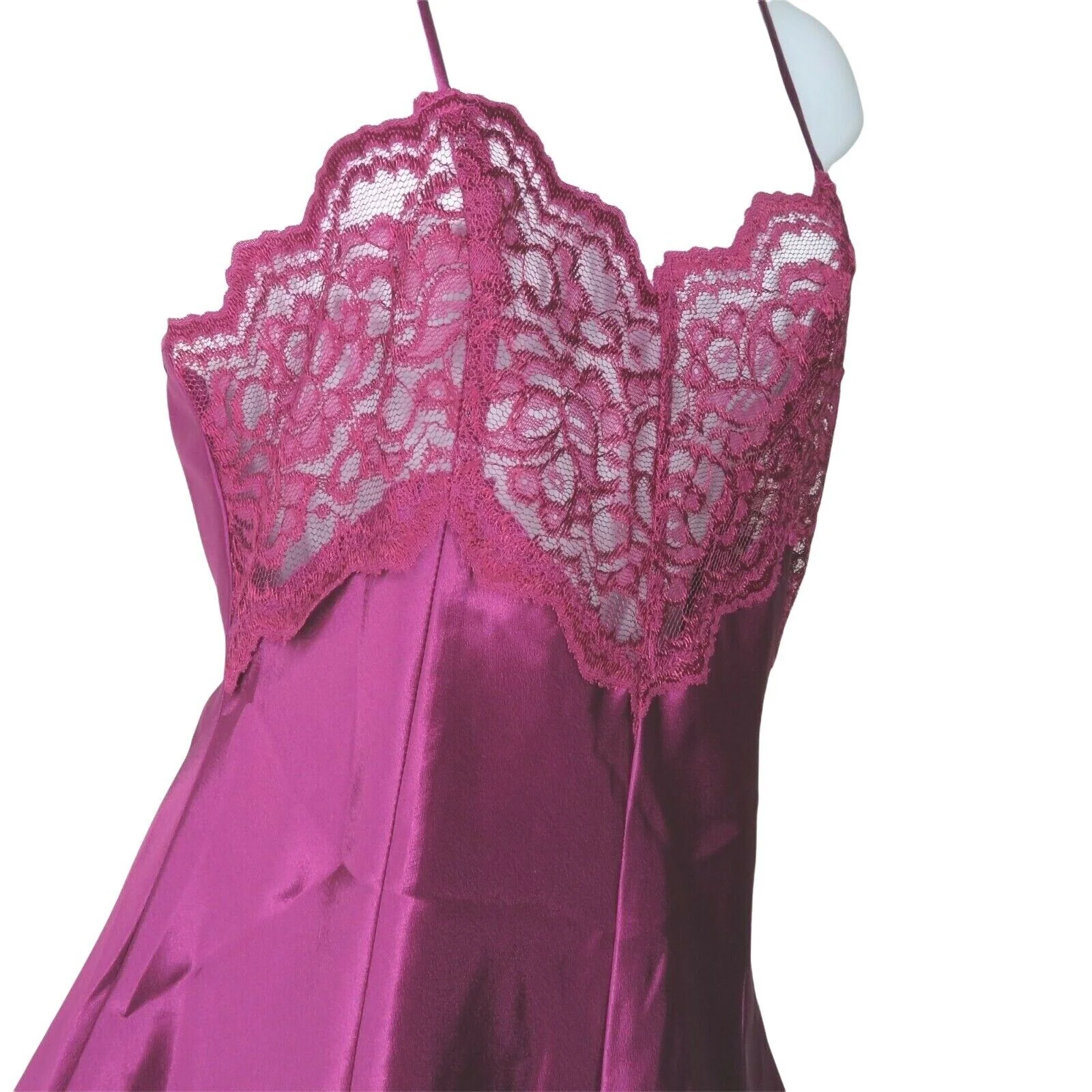 Vintage 80s Satin Slip Nightgown M Mulberry Purple Lace Knee Length Low Back by Inner Most - Image 6