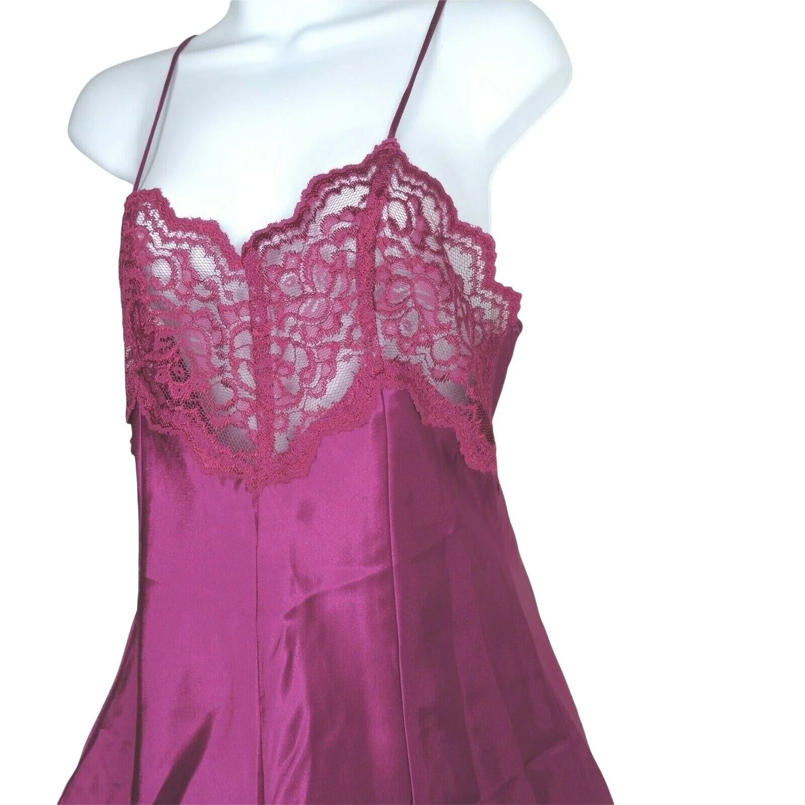 Vintage 80s Satin Slip Nightgown M Mulberry Purple Lace Knee Length Low Back by Inner Most - Image 7