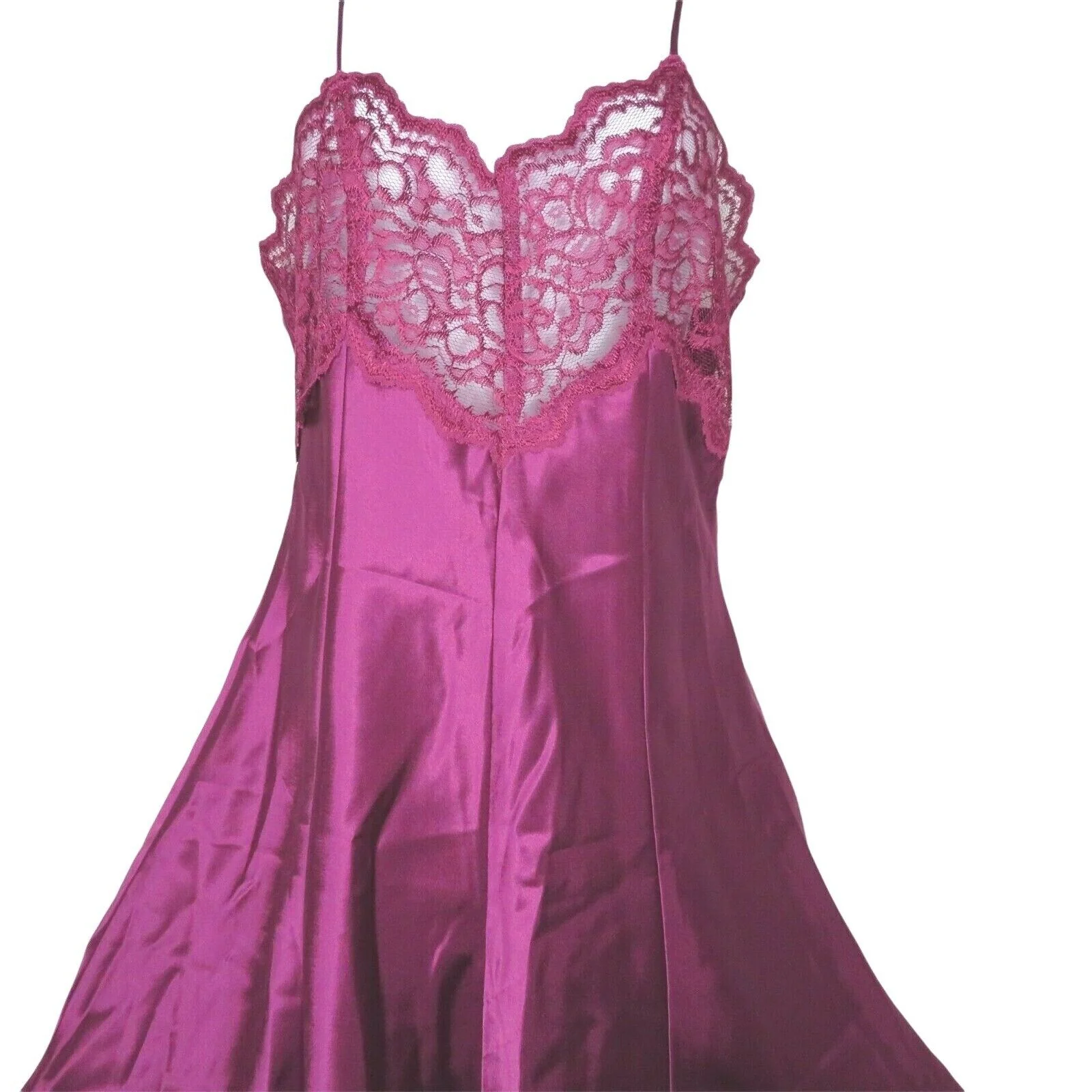 Vintage 80s Satin Slip Nightgown M Mulberry Purple Lace Knee Length Low Back by Inner Most - Image 8