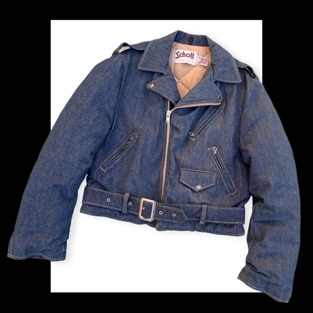 Vintage 80s Schott Motorcycle Jacket Men’s Blue Denim by Schott - Image 3