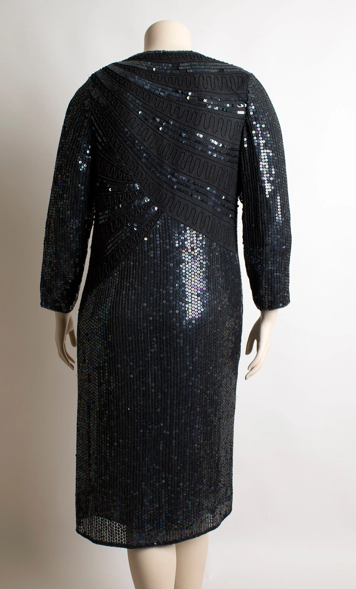 Vintage 80s Sequin Black Silk Glam Formal Evening Party Fully Sequined and Beaded Iridescent Sparkly Dress Large - Image 2