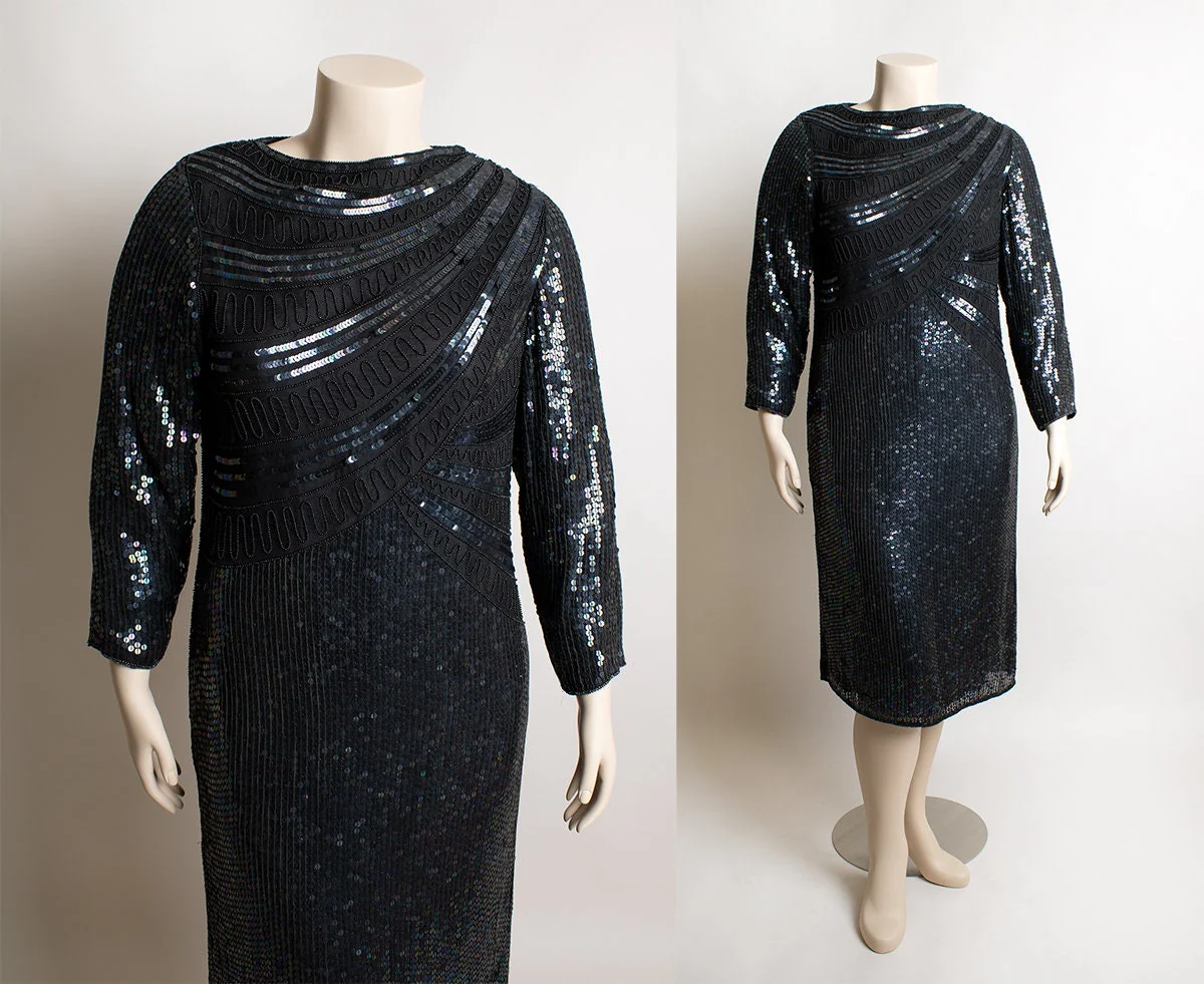 Vintage 80s Sequin Black Silk Glam Formal Evening Party Fully Sequined and Beaded Iridescent Sparkly Dress Large - Image 4