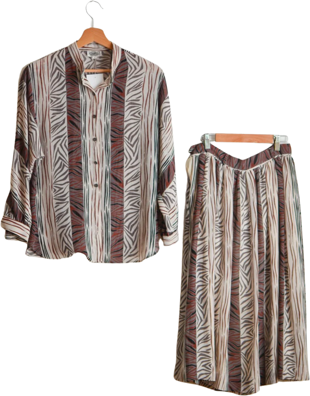 Vintage 80s Set Skirt Sheer Top Buttoned Down Desert Hues Striped Animal Print Size Small by Campus Casual