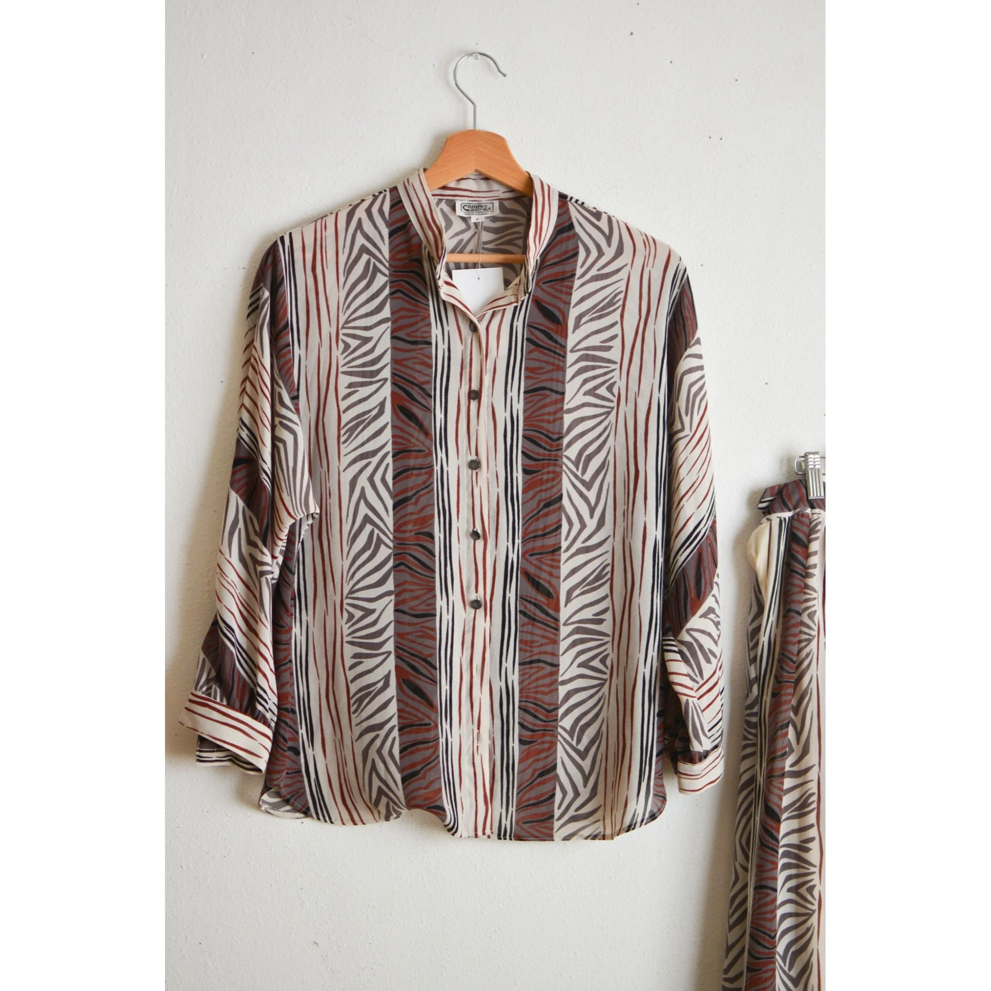 Vintage 80s Set Skirt Sheer Top Buttoned Down Desert Hues Striped Animal Print Size Small by Campus Casual - Image 3