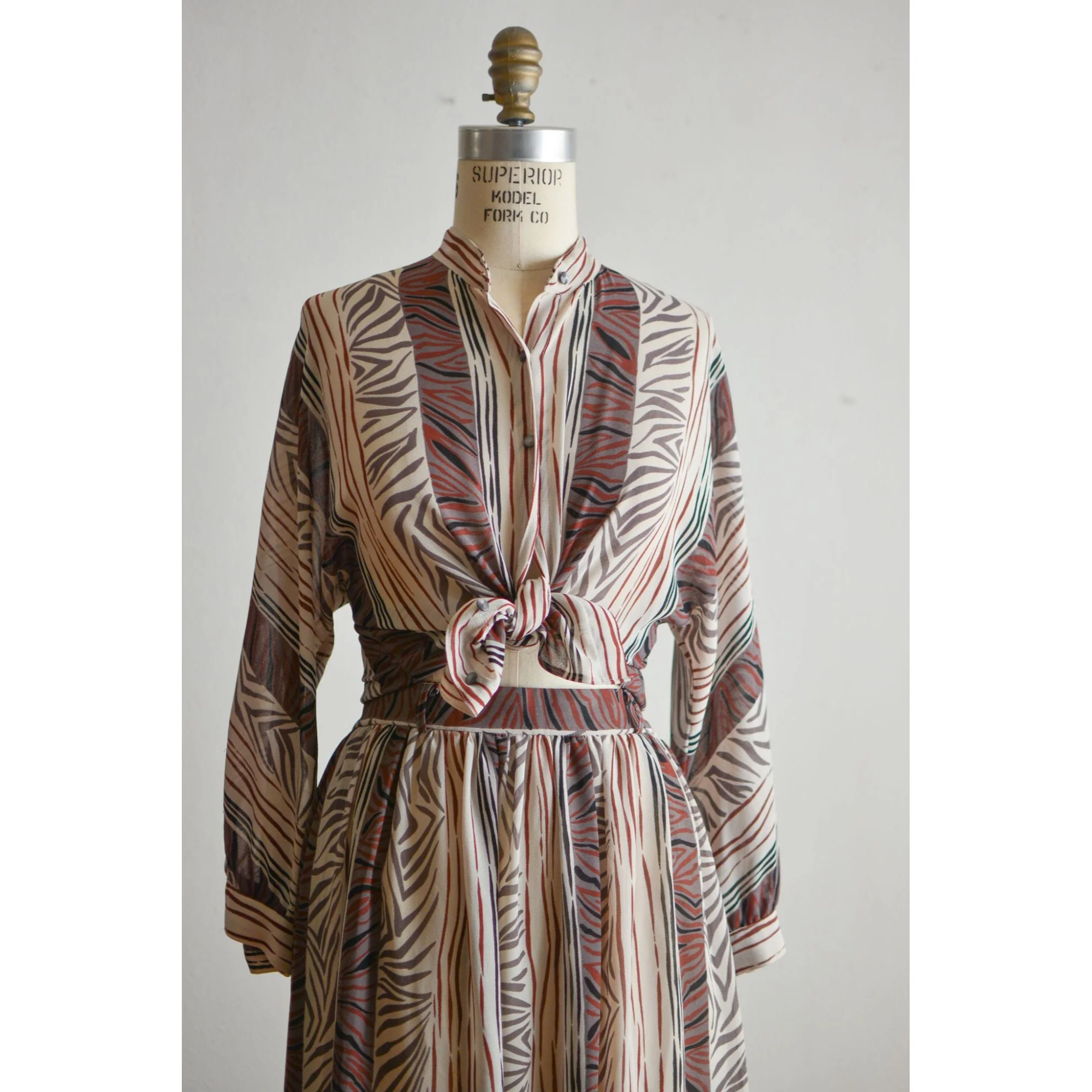 Vintage 80s Set Skirt Sheer Top Buttoned Down Desert Hues Striped Animal Print Size Small by Campus Casual - Image 6