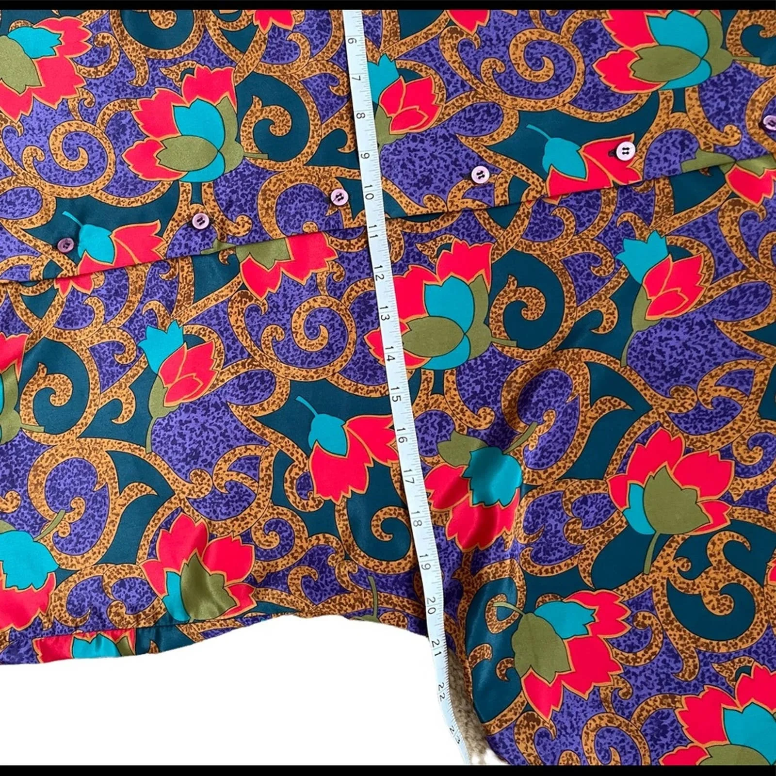 Vintage 80s Silk Paisley Purple Gold Red Green Floral Blouse Large by Andre Sauvage - Image 10