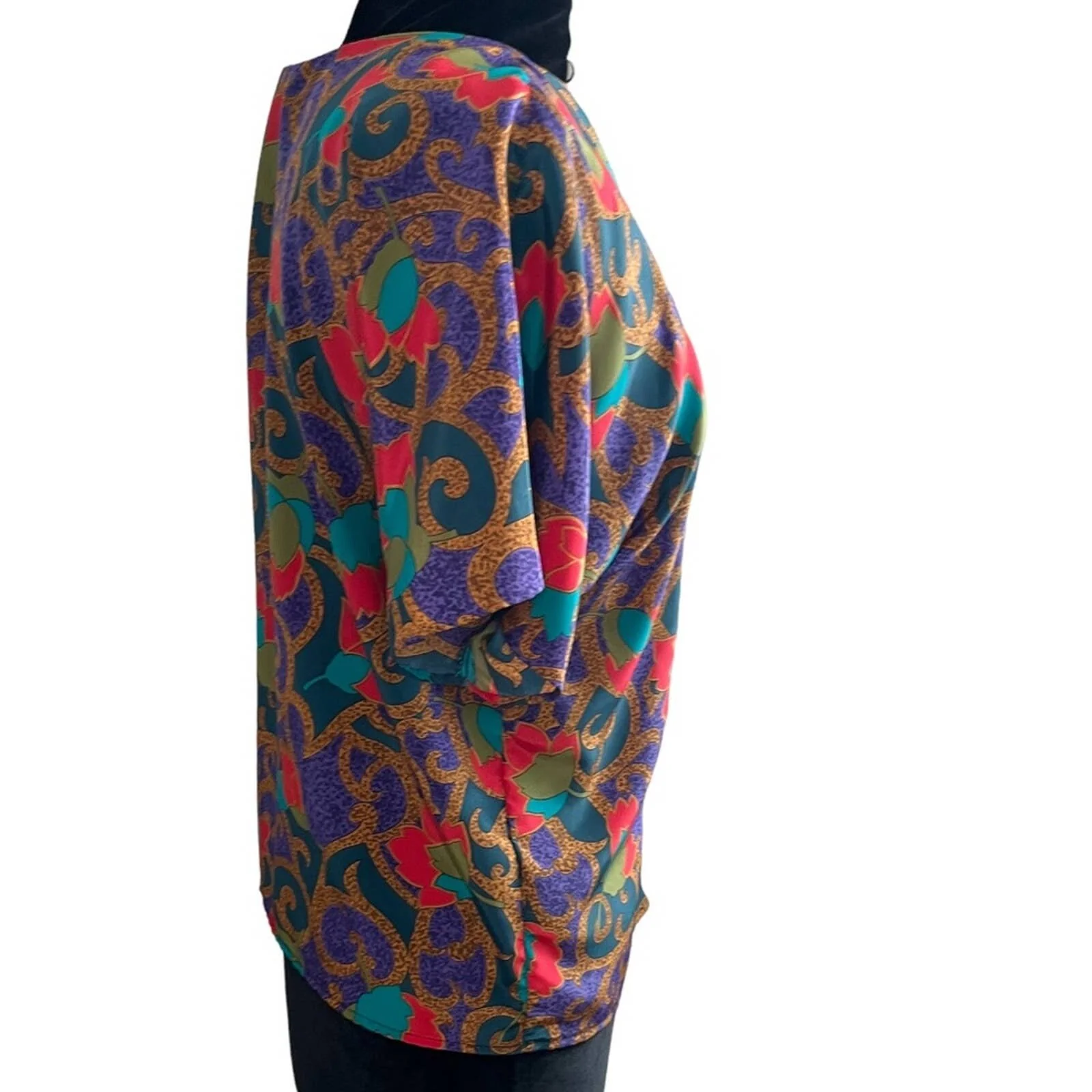 Vintage 80s Silk Paisley Purple Gold Red Green Floral Blouse Large by Andre Sauvage - Image 3