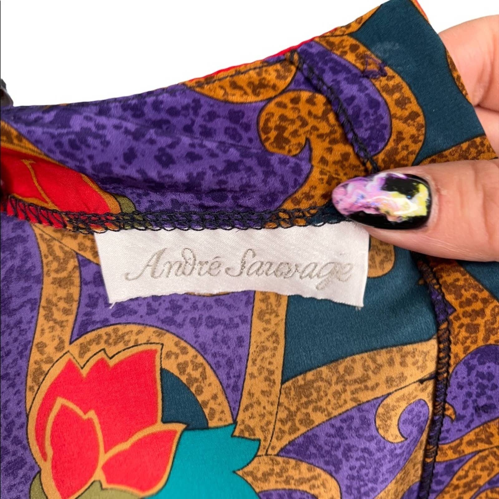 Vintage 80s Silk Paisley Purple Gold Red Green Floral Blouse Large by Andre Sauvage - Image 6