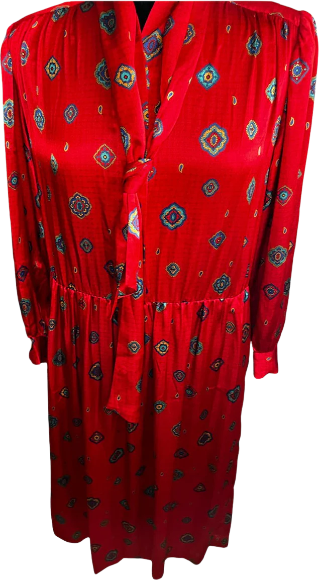 Vintage 80s Silky Red Scarf Long Sleeve Shift Dress Pockets Size 8 Med by Talbots