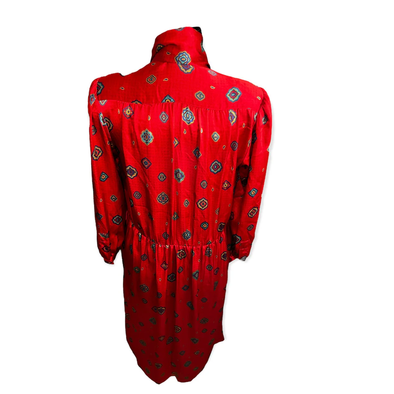Vintage 80s Silky Red Scarf Long Sleeve Shift Dress Pockets Size 8 Med by Talbots - Image 2