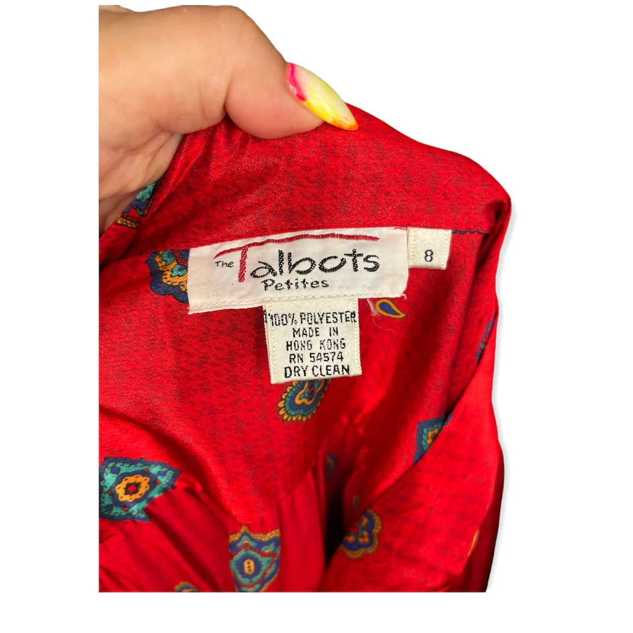 Vintage 80s Silky Red Scarf Long Sleeve Shift Dress Pockets Size 8 Med by Talbots - Image 6