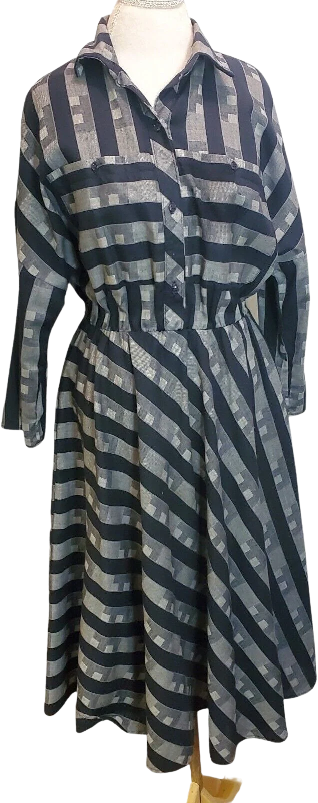 Vintage 80s Size Large Popover Casual Shirt Dress Midi Gray Black Striped Longsleeve