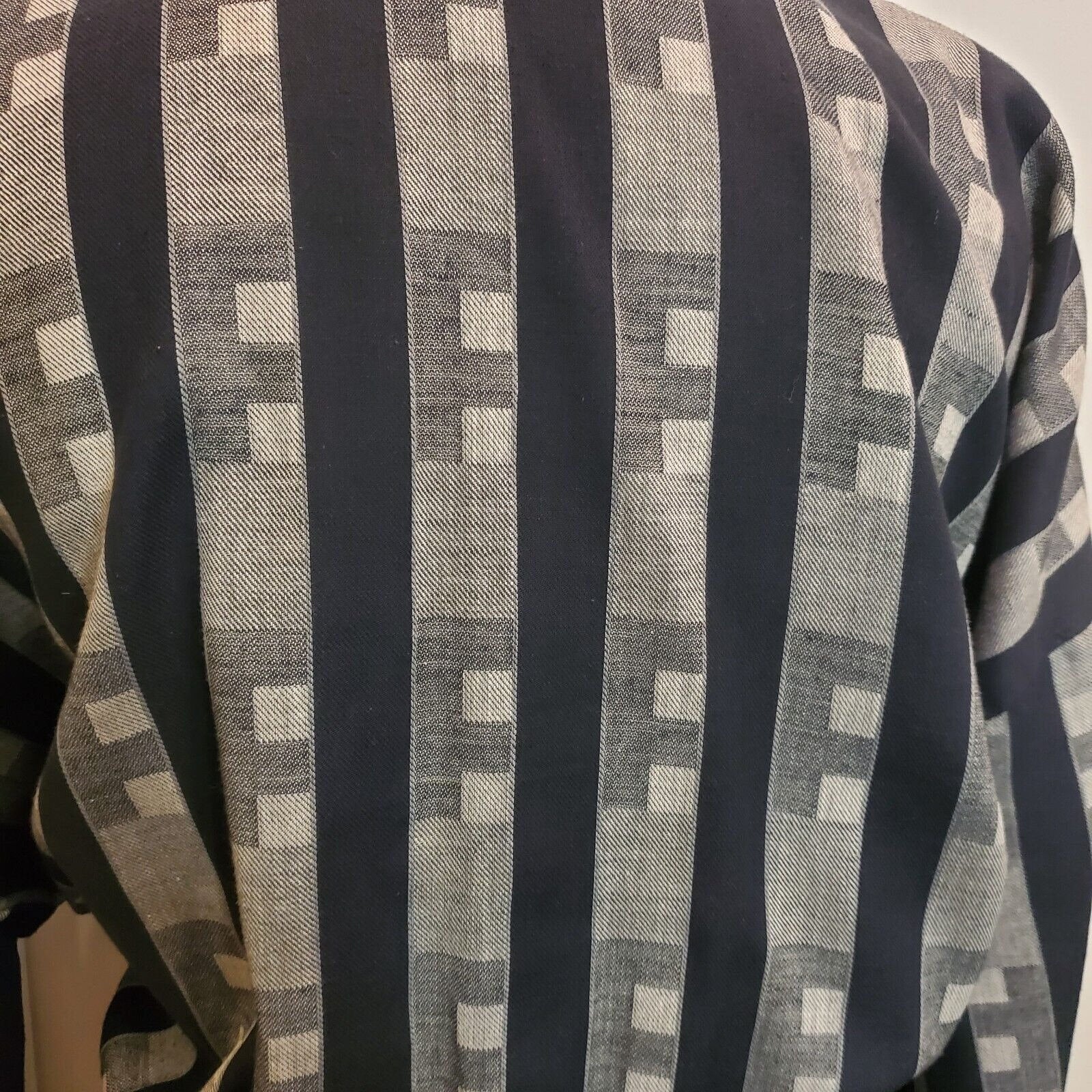 Vintage 80s Size Large Popover Casual Shirt Dress Midi Gray Black Striped Longsleeve - Image 10