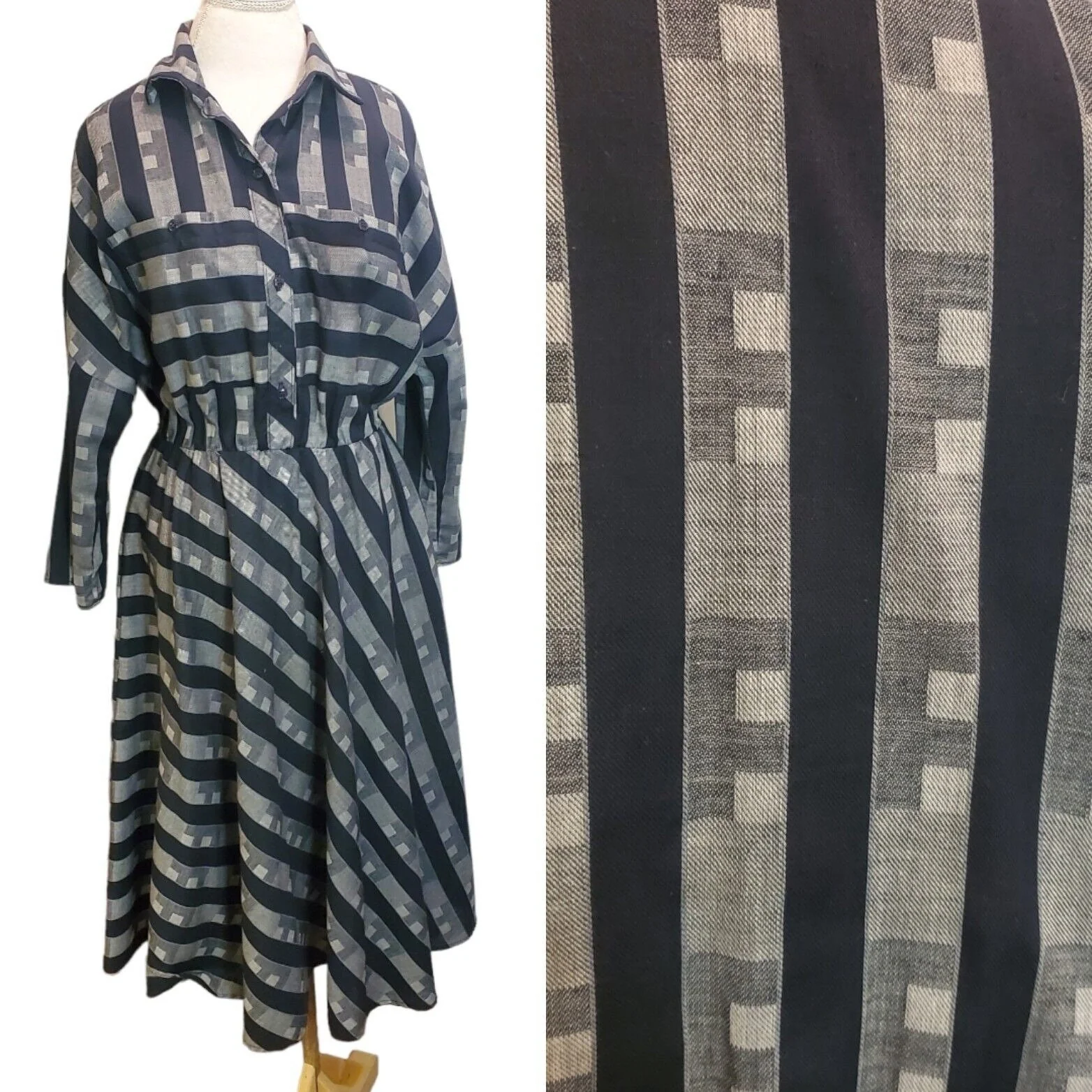 Vintage 80s Size Large Popover Casual Shirt Dress Midi Gray Black Striped Longsleeve - Image 3