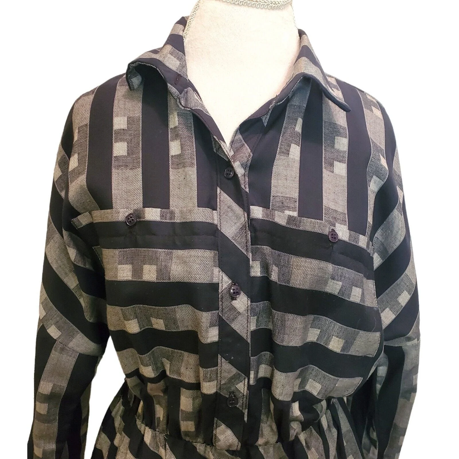 Vintage 80s Size Large Popover Casual Shirt Dress Midi Gray Black Striped Longsleeve - Image 4