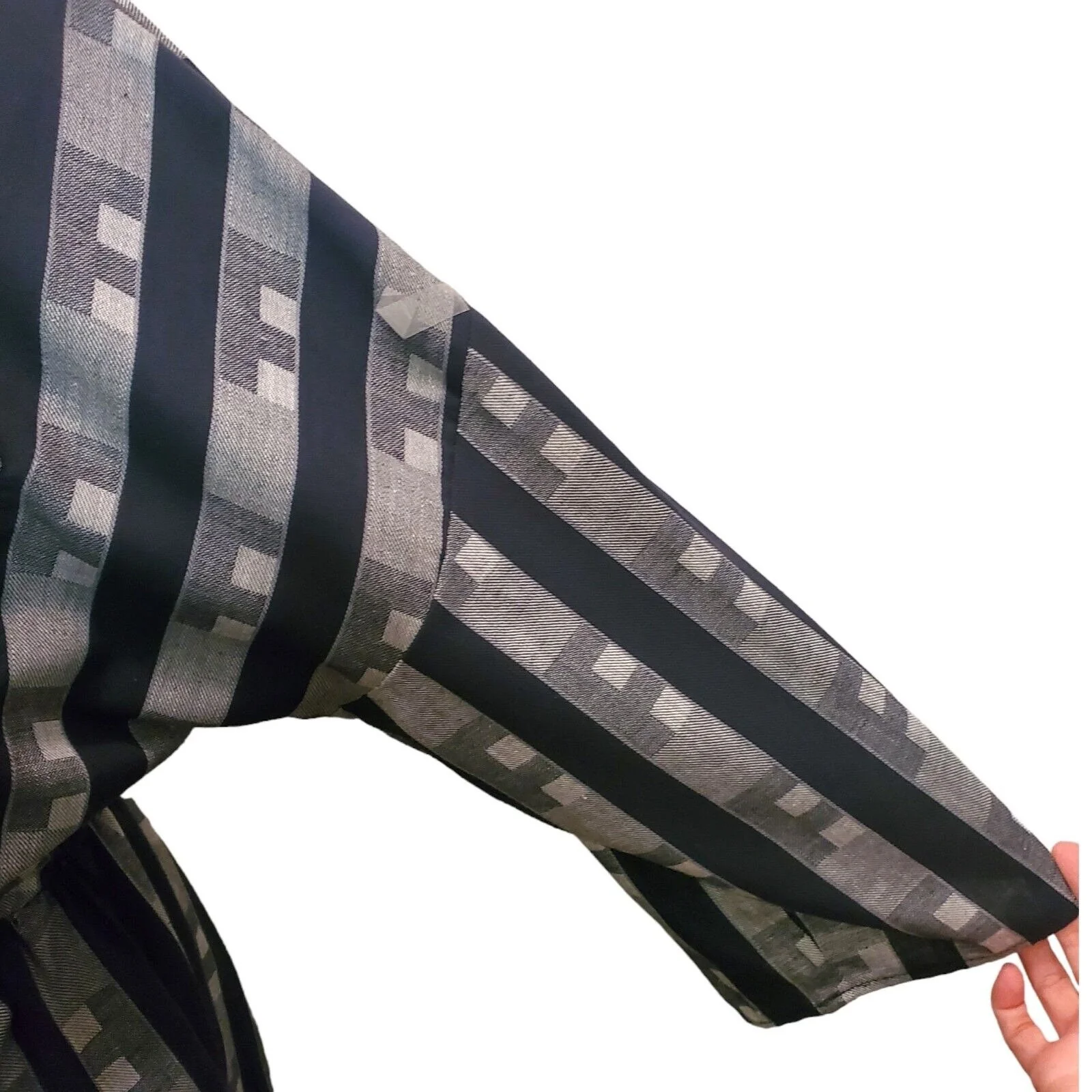 Vintage 80s Size Large Popover Casual Shirt Dress Midi Gray Black Striped Longsleeve - Image 5