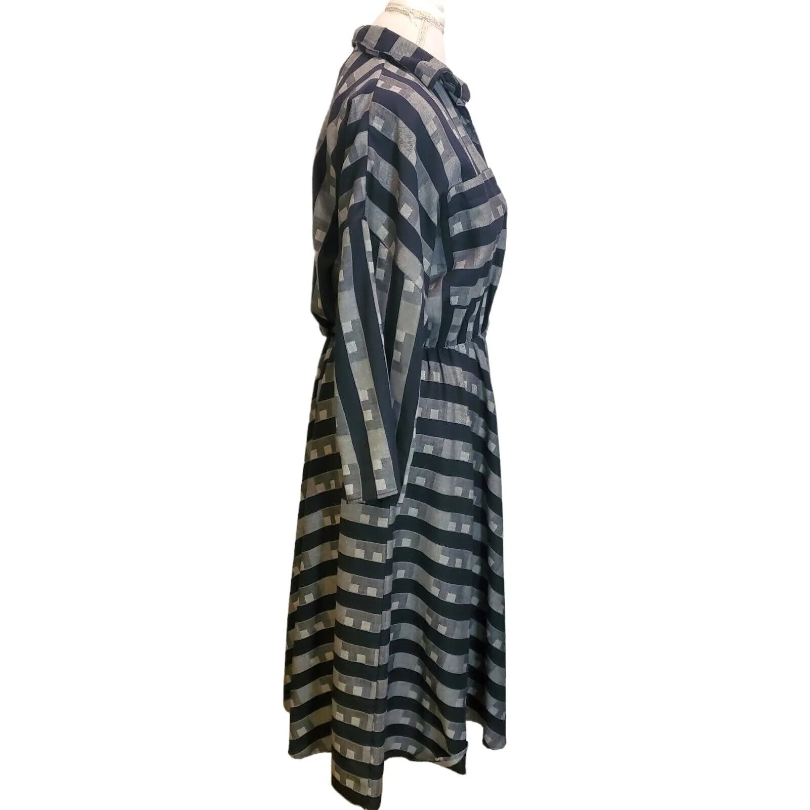 Vintage 80s Size Large Popover Casual Shirt Dress Midi Gray Black Striped Longsleeve - Image 6