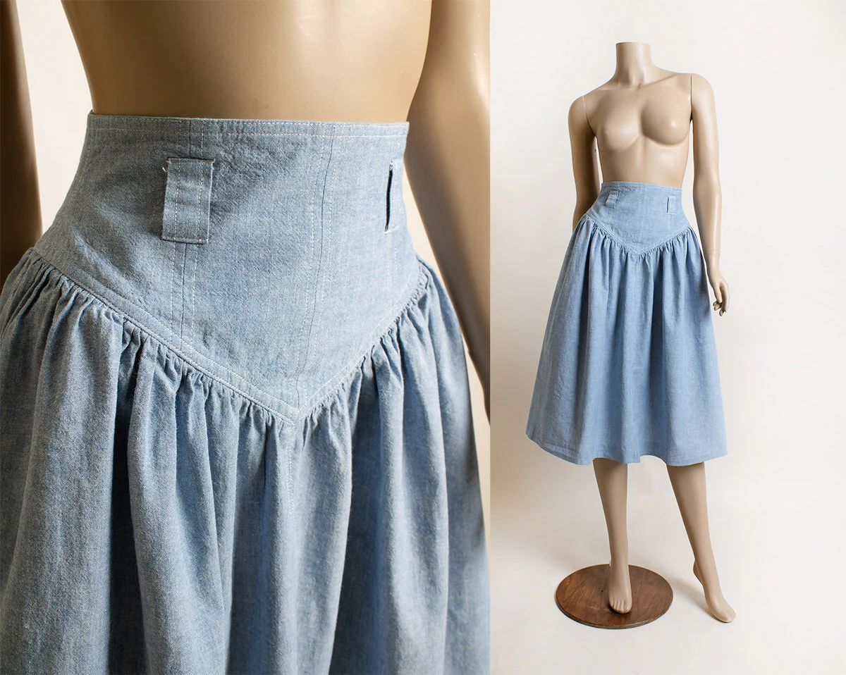 Vintage 80s Skirt - Basque Waist Denim Jean Style Preppy Cotton Skirt - Prairie Flare - Western Look - Pockets - Small 26" Waist by J. G. Hook - Image 2